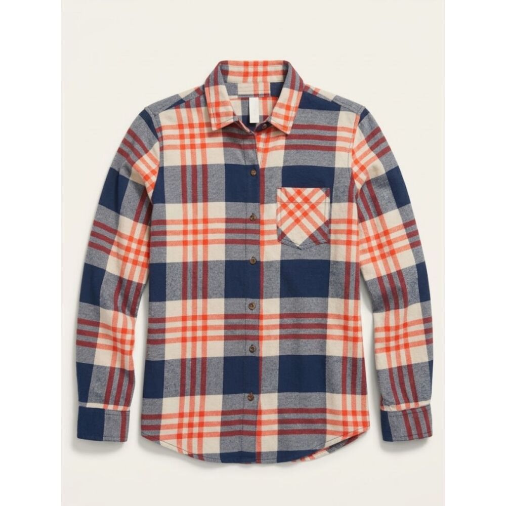 Field Stream Flannel Shirt Womens S Navy Orange Plaid Button Up Long Sleeve